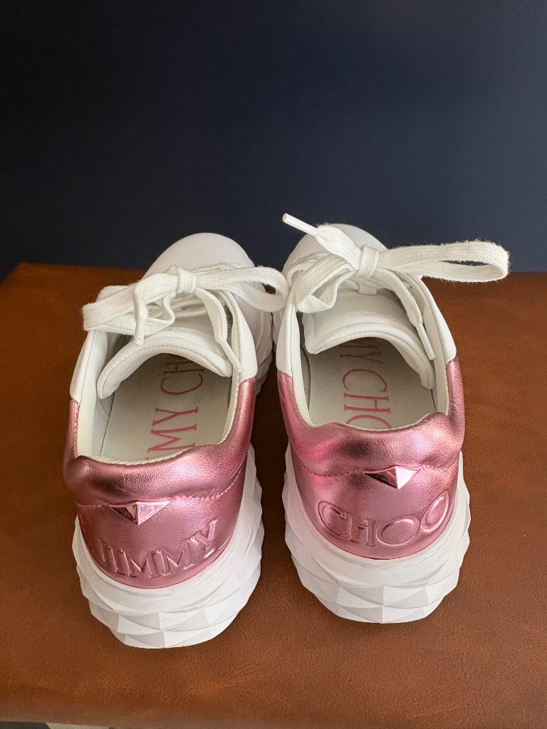 Jimmy Choo White Leather Platform Sneakers Eu 37 Metallic Pink Heel | Box & Dust